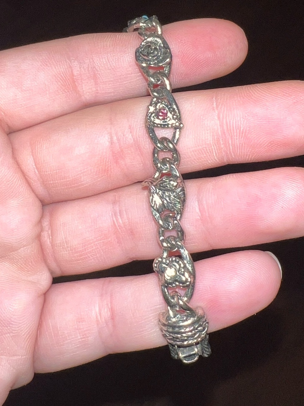 Vintage Goldette Silver Tone Victorian Multi-Stone Colorful Charm Link Bracelet - Picture 9 of 12